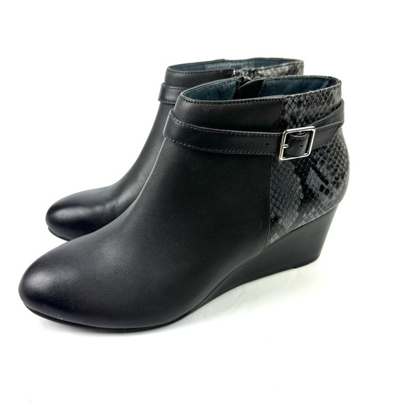 Vionic Shasta Ankle Boot 8 Charcoal Snakeskin Leather Zip Up Bootie Wedge Womens - Picture 1 of 11
